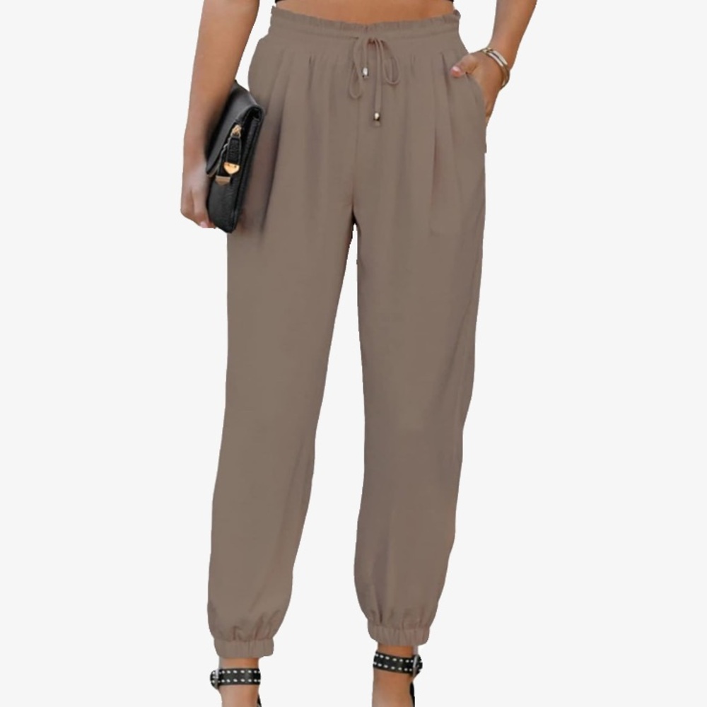 Tan High-Waisted Joggers with Elastic Cuffs and Tapered Legs